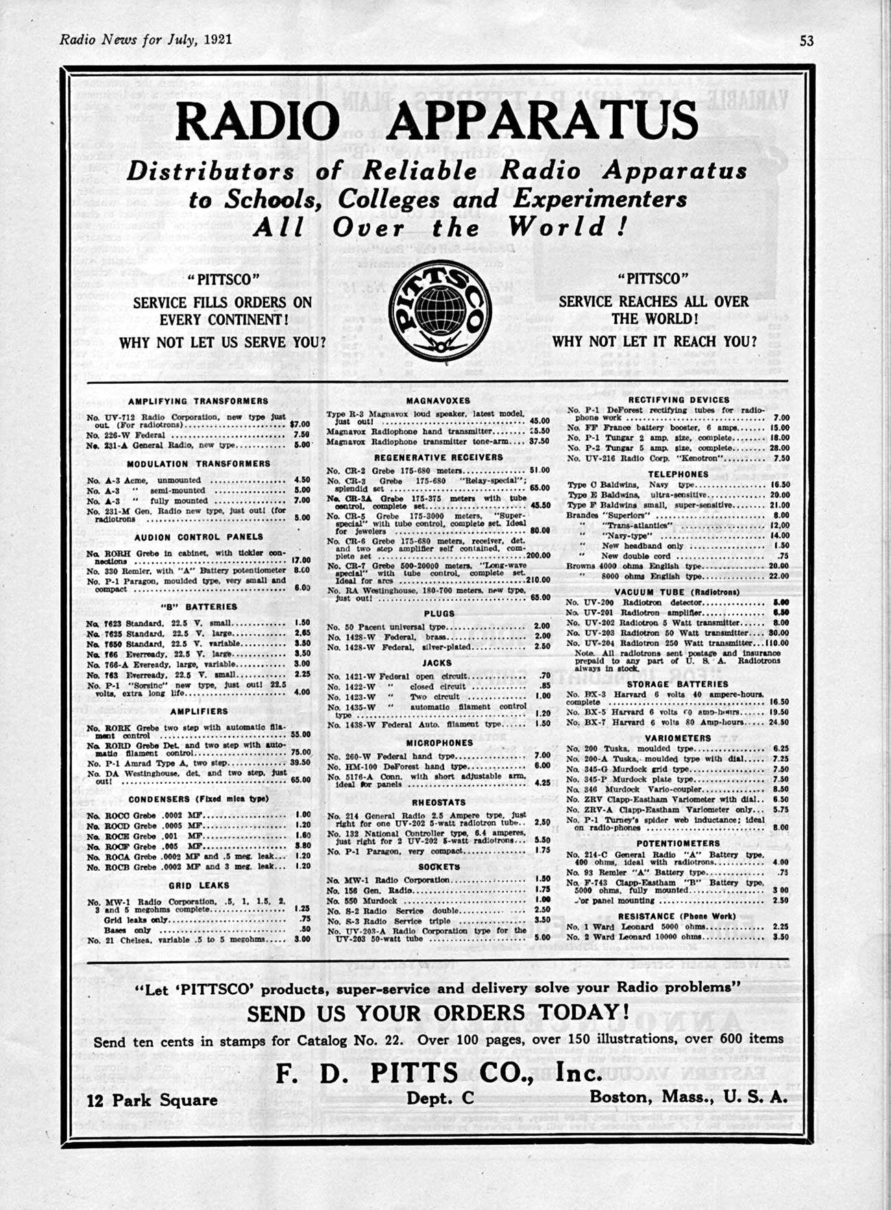 Radio Apparatus Price List, Radio News, July, 1921